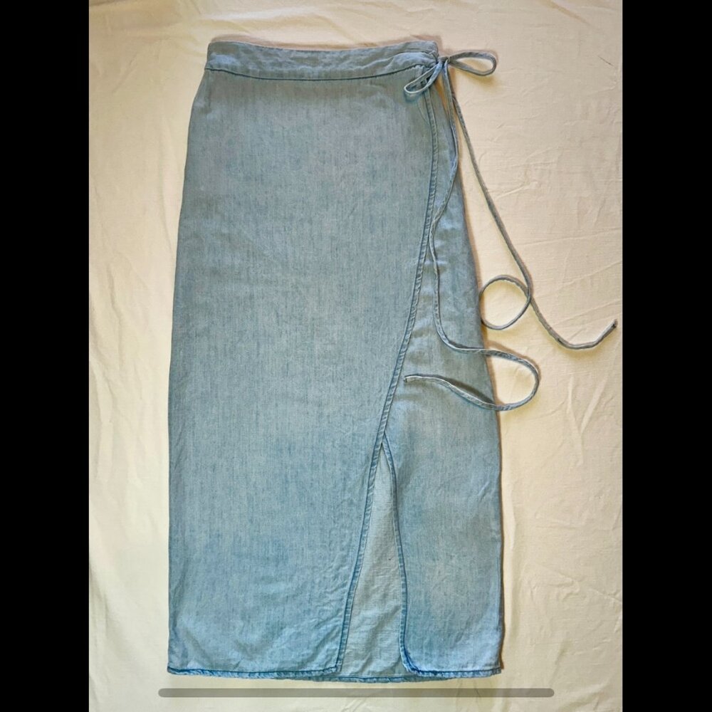 ZARA CHAMBRAY FAUX WRAP MIDI PENCIL SKIRT, XS (BIN C)